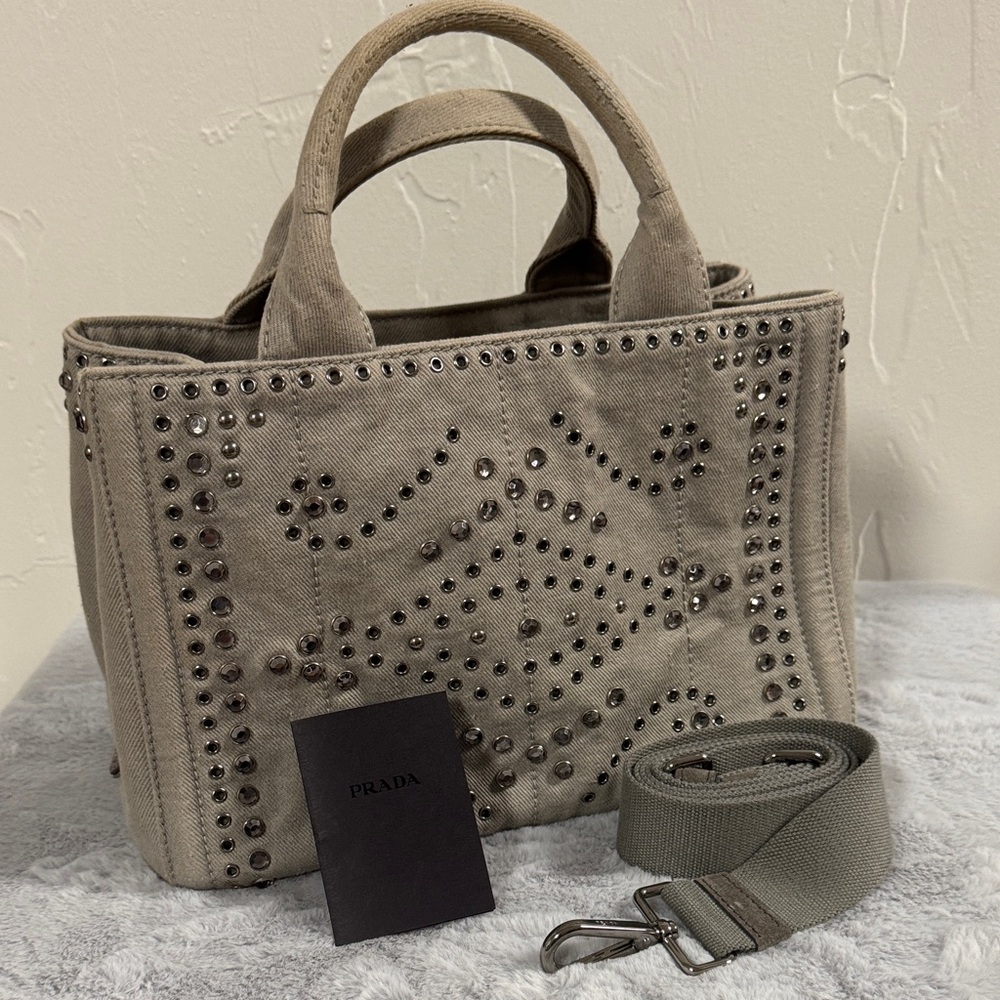 Prada Grey Denim Studded Canapa